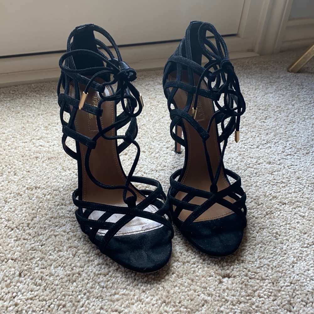 Aquazurra Black Suede Lace-up Heeled Sandals